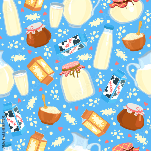 Dairy products seamless pattern. Cottage cheese. Fermented baked milk. Yoghurt bottle. Milky splatter drops. Natural farming ingredients. Sour cream pot. Repeated print. Vector background