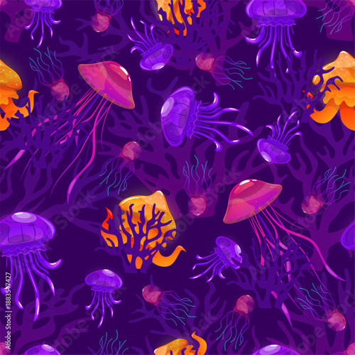 Colorful underwater jellyfish float among corals and algae in seamless pattern. Undersea animal. Luminous inhabitants. Invertebrate creatures. Marine fauna. Vector purple background