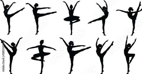Collection of ballet dancer silhouettes in dynamic poses, black vector illustration showcasing classical dance movements, flexibility, balance, elegance, and artistic performance themesWeb