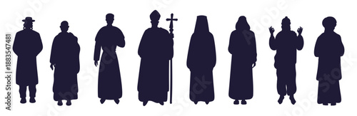 Clergymen silhouettes. Christian priests. Catholic patriarchs. Jewish rabbi. Buddhist monk. Orthodox preacher. Muslim imam. Religious people. Various faith prayers. Vector clerics set