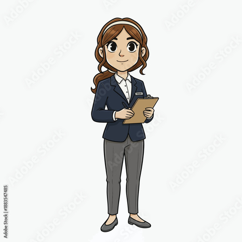 Friendly cartoon woman in professional attire holding a clipboard, ready for business tasks