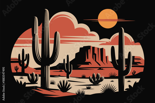 Stylized desert vista with towering saguaro cacti under a dramatic sky, evoking a classic western adventure theme