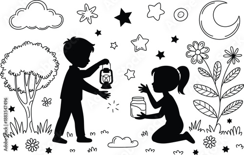 Children catching fireflies silhouettes in magical night garden with stars and moon, childhood summer play illustration, black and white vector artwork scene designWeb