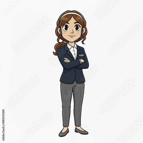 Professional Cartoon Woman in Business Attire Confidently Posed with Arms Crossed