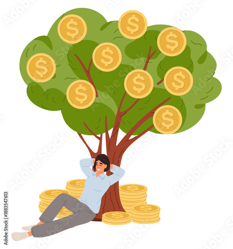 Businesswoman relaxes under money tree on stacks of golden coins. Savings growth. Successful investment. Deposit fund revenue. Investors wealth. Vector concept of financial success