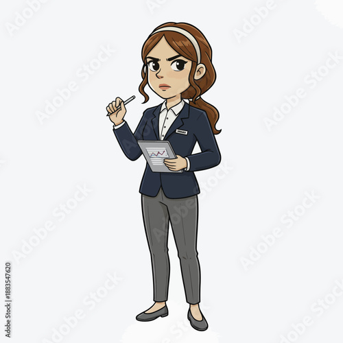 Focused female business professional analyzing data and planning strategies with a pen and tablet