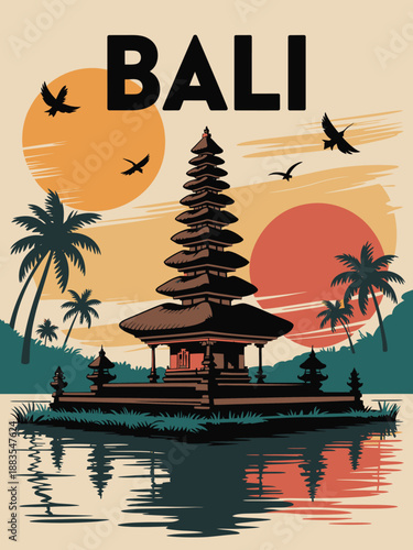 Retro travel illustration of a majestic temple in Bali reflecting on serene water