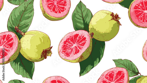 Vibrant Guava Fruit Seamless Pattern Vector Art and Illustration