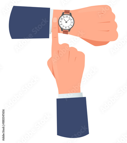 Businessmans hands with wristwatch. Employee checking timepiece. Man showing to clock. Punctual management. Arm with accurate watch. Finger pointing. Vector concept of time for business