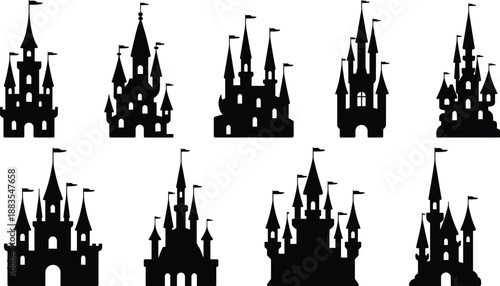 Fairytale castle silhouettes set with medieval fantasy palaces, towers and flags, black isolated royal kingdom buildings, magical storybook architecture icons illustrationWeb