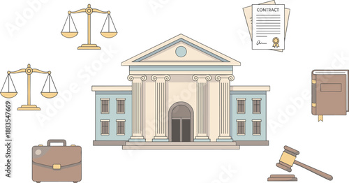 Courthouse and Legal Symbols Illustration Set Featuring Scales of Justice, Gavel, Legal Documents, and Court Building