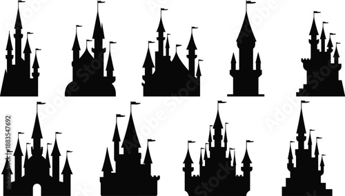 Fantasy castle silhouettes set featuring fairytale medieval fortresses with towers and flags, black isolated kingdom architecture icons, magical storybook illustration collectionWeb