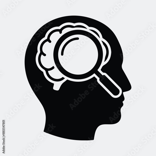 Brain magnifying glass searching inside human head silhouette vector illustration