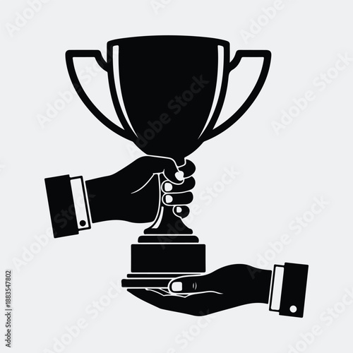 Business hands giving trophy award cup as symbol of victory silhouette vector illustration