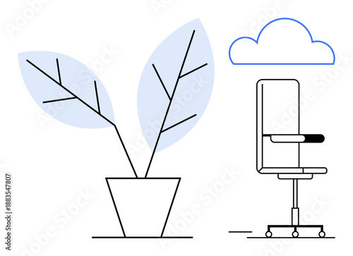 Workplace environment, sustainability, productivity, minimalism, cloud technology, business tools. Minimal office chair, potted plant cloud element. Workplace environment and sustainability concept