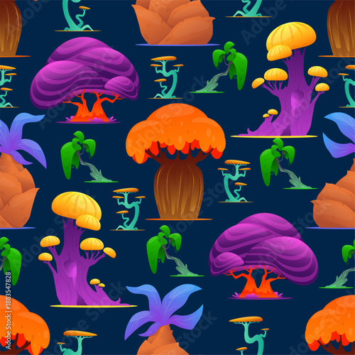 Bright fantastical trees seamless pattern. Fairytale plants on dark background. Alien greenery. Color unusual leaves. Mystical garden. Fabulous environment. Vector botanical wallpaper
