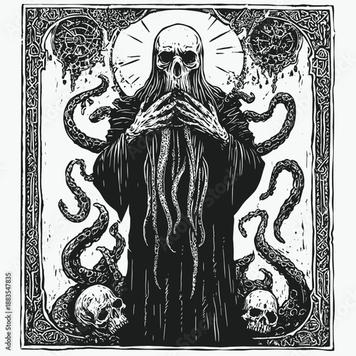 Mysterious Lovecraftian Figure with Skulls and Tentacles