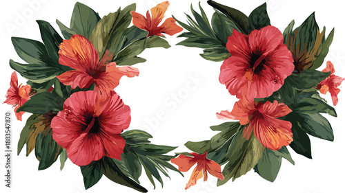 Tropical Hibiscus Flower Ornament Frame in Vector Art