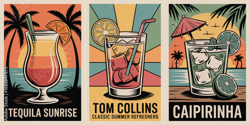 Refreshing Summer Cocktails Tequila Sunrise, Tom Collins & Caipirinha