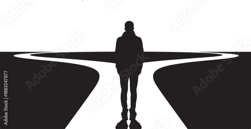 Silhouette of a man standing at a crossroads with diverging paths