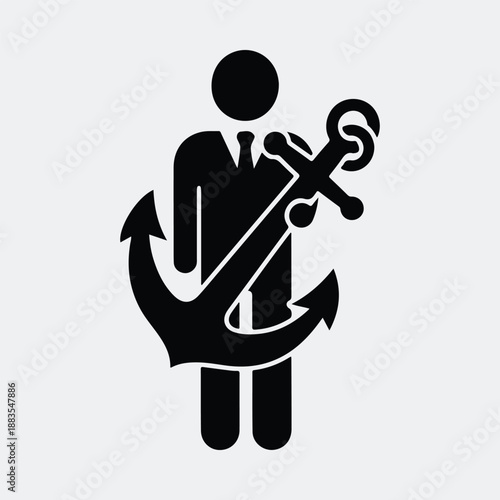 Businessman holding nautical anchor symbol representing maritime business success silhouette vector illustration