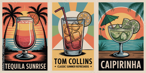 Classic Summer Refreshers Tequila Sunrise, Tom Collins, and Caipirinha Cocktails