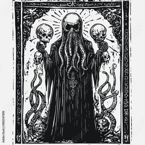 Mysterious Lovecraftian Figure with Skulls and Tentacles