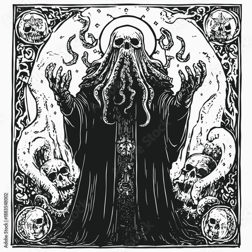 Mysterious Lovecraftian Figure with Skulls and Tentacles