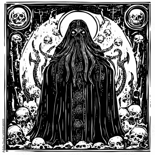 Mysterious Lovecraftian Figure with Skulls and Tentacles