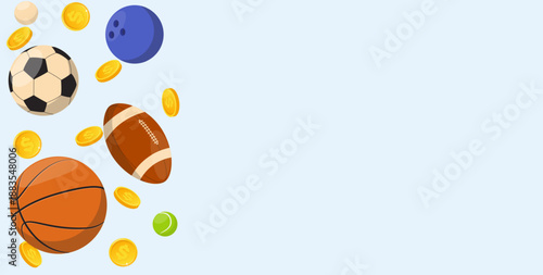 Advertising banner with balls and gold coins. Sports betting poster design. Soccer and rugby competition. Basketball match. Bookmaker bets. Bowling and tennis tournament. Vector background