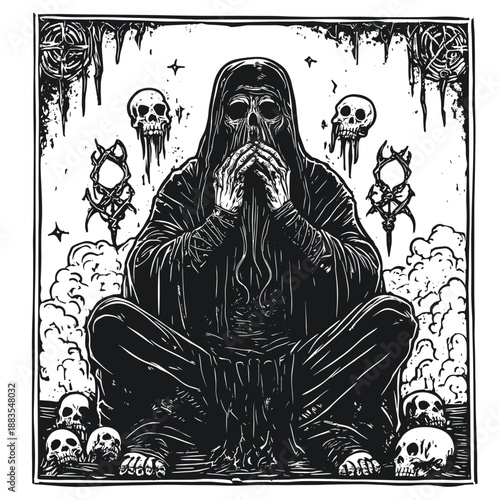 Mysterious Lovecraftian Figure with Skulls and Tentacles