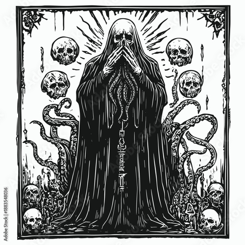 Mysterious Lovecraftian Figure with Skulls and Tentacles