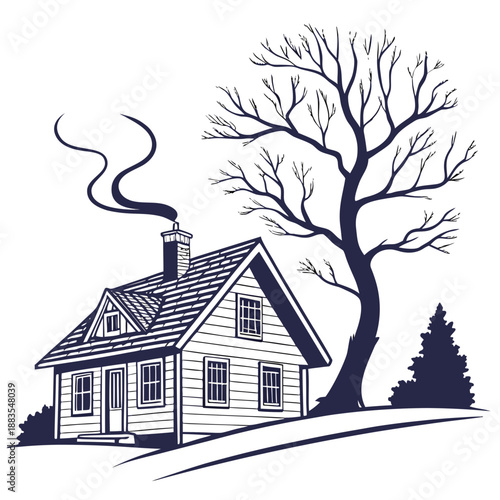 Cozy cottage in winter landscape