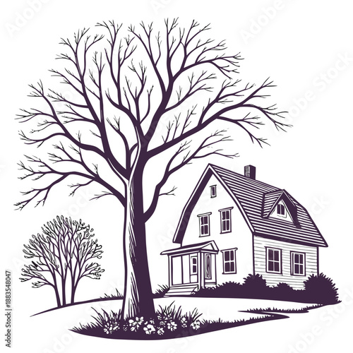 Quaint cottage under bare tree