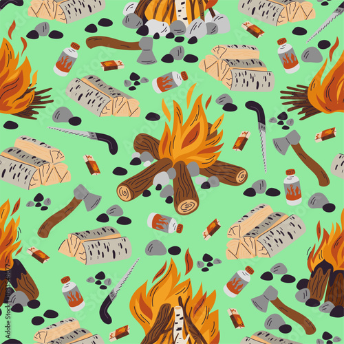 Tools for building fire in nature. Firewood seamless pattern. Camping flames. Timber combustion. Chopping axe. Matches and wood saw. Fire starter fluid. Brushwood heap. Vector background