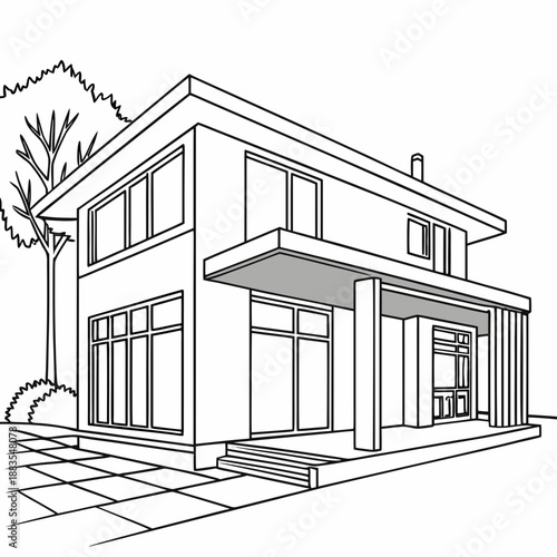 Modern two-story house with large windows and porch