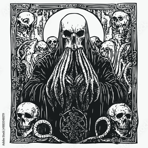 Mysterious Lovecraftian Figure with Skulls and Tentacles