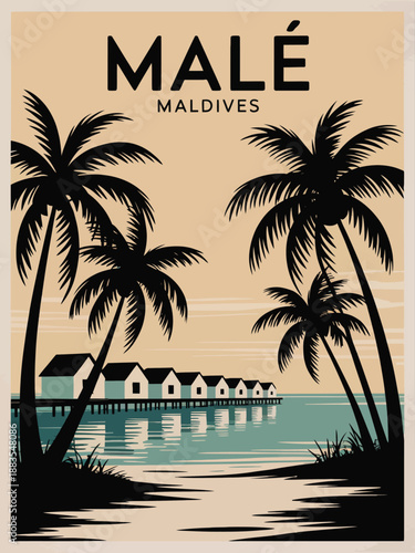 Malé Maldives Travel Poster Featuring Palm Trees and Beach Huts