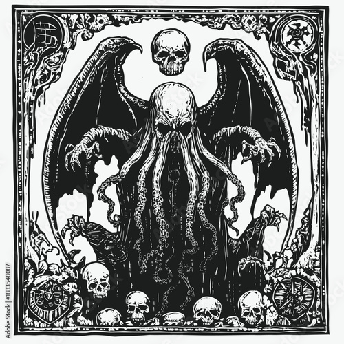 Mysterious Lovecraftian Figure with Skulls and Tentacles