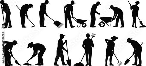 Gardening and yard work silhouettes collection isolated on white background showing people digging, raking, planting and cleaning, black vector illustration for landscaping, outdoor work conceptsWeb