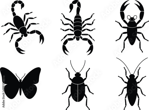 Insect and arthropod silhouettes collection featuring scorpions beetles cockroaches and butterfly in black vector illustration isolated wildlife nature design setWeb