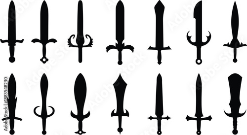 Knife and dagger silhouettes set featuring various blade shapes, combat and kitchen knives, black isolated weapon icons, sharp steel tools collection illustrationWeb