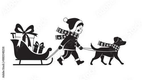 Child in winter clothes pulling decorated dog sled with gifts isolated on transparent