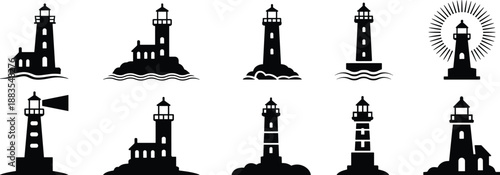 Lighthouse silhouettes collection featuring coastal navigation towers beacons on rocks and sea waves black vector illustration isolated maritime design set