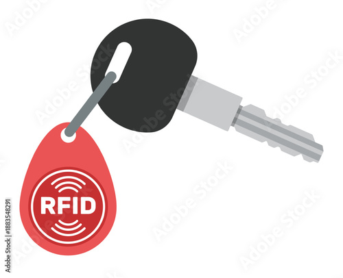 RFID tagged front door key. Latchkey with fob chip. NFC technology. Radio tracking. Access signal. Security pos. Keychain magnetic pendant. Padlock keyholder. Vector isolated object