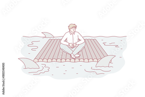 Business risks and danger concept. Stressed frustrated businessman sitting on raft feeling in danger because of sharks swimming around vector illustration