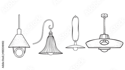 Four different types of hanging ceiling light fixtures with unique designs