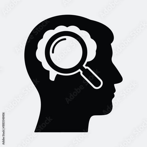 Human head silhouette with magnifying glass inside brain searching silhouette vector illustration