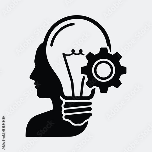 Human head with glowing light bulb and gear symbolizing new idea silhouette vector illustration