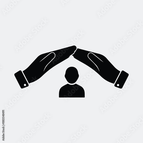Human person protected by hands under roof shape shield vector illustration